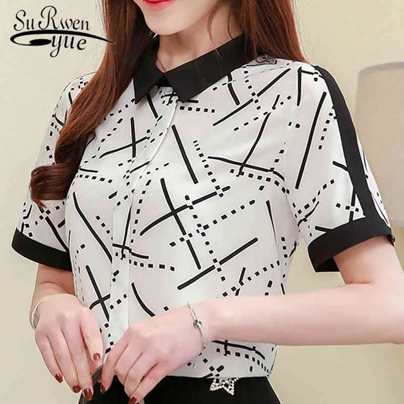 Blusas Verano Mujer Blouses Woman Mulher Elegantes Chemisier Femme Peter Pan Collar Print Chiffon Blouse 4780 50 210427