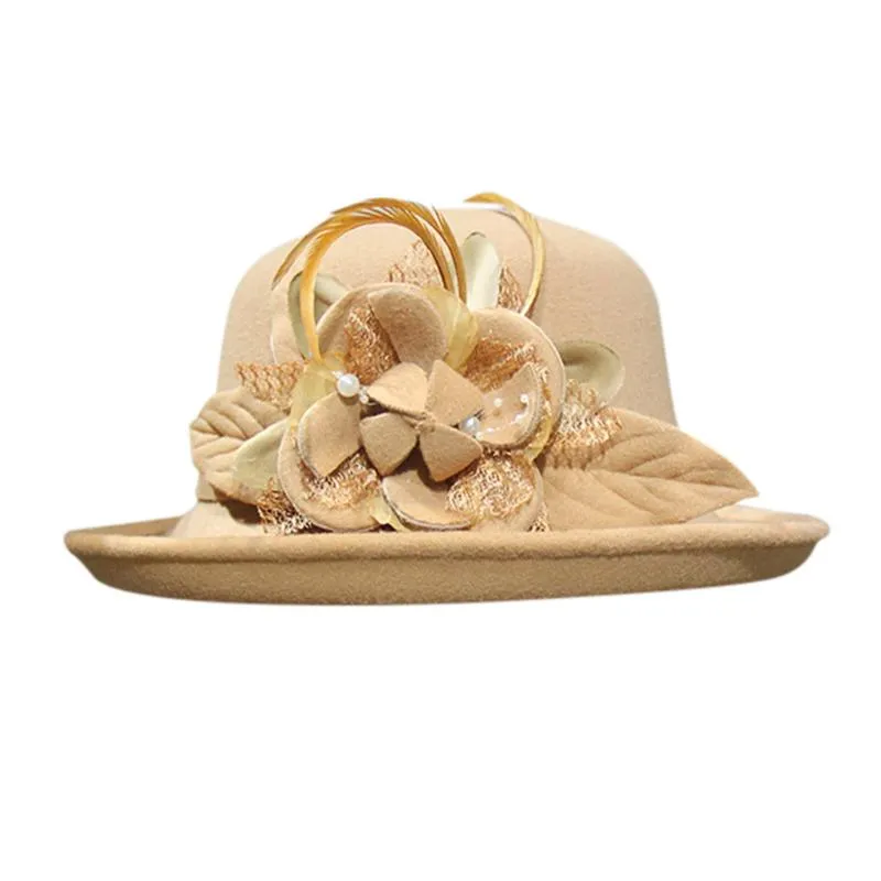 Cappelli a tesa avara Donna Berretto di lana floreale stile francese Fedora Elegante secchiello occidentale Primavera Inverno Caldo Bombetta femminile Sombrero