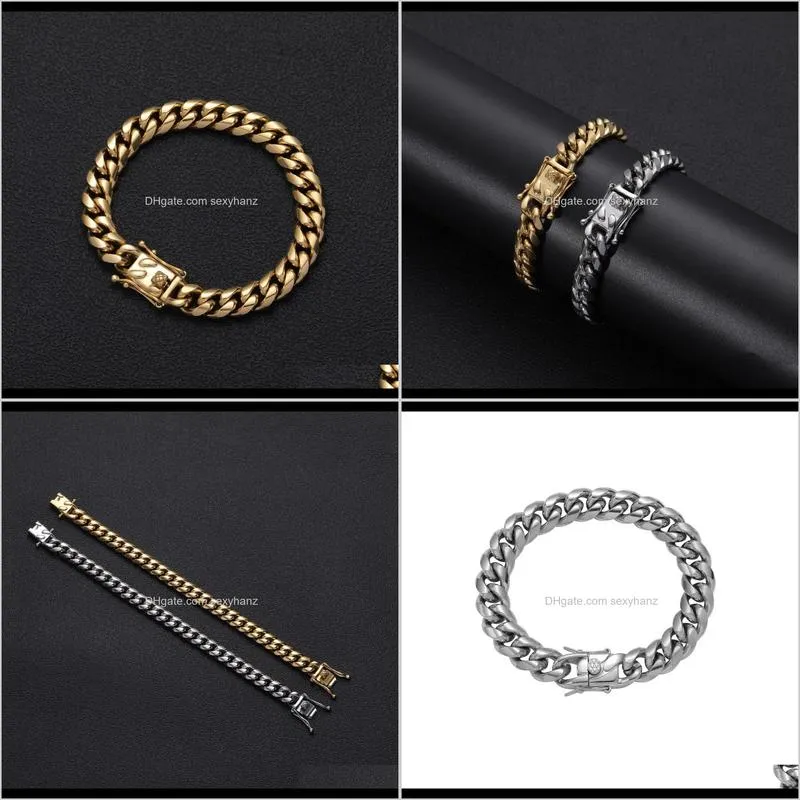 12mm hip hop chain bracelet men`s charm jewelry cuba  stainless steel rock style round grinding