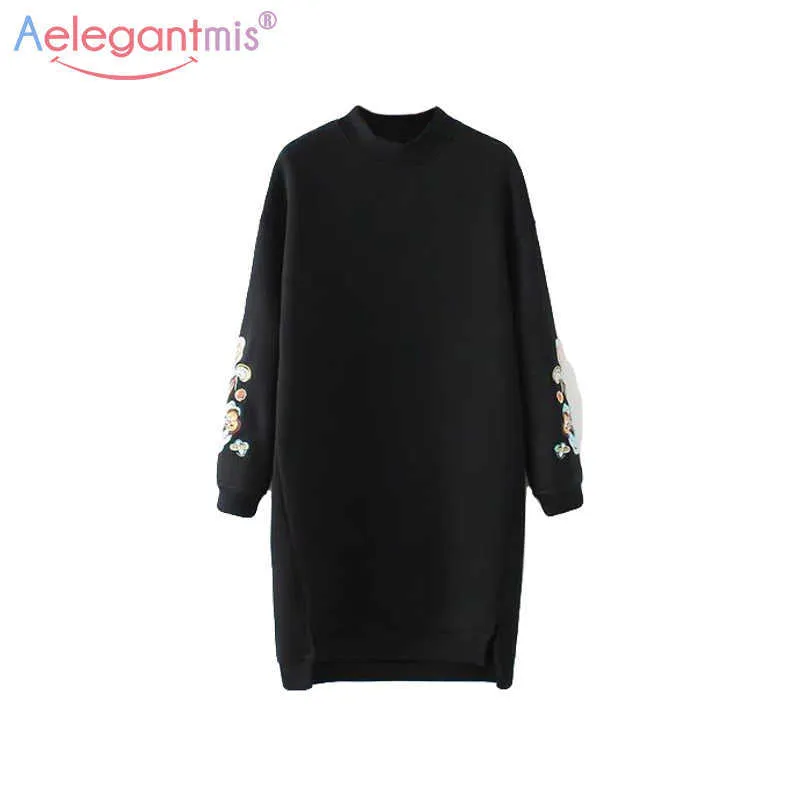 Aelegantmis höst lång lösa broderi sweatshirts kvinnor casual pullover hoodies damer mode hög låg split outwear 210607