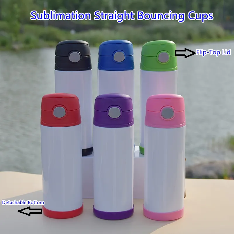 Helemaal recht! Sublimatie Blanks Waterfles 12oz Bouncing Cups met Flip Top Stro Deksel Onderzetters Roestvrijstalen Dubbele Muur Geïsoleerde Kid Tumblers Thermos