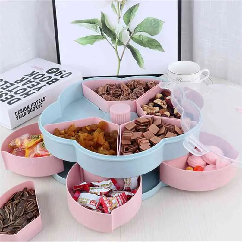 Creative Double-layer Rotary Storage Box Nuts Snack Tray Rotating Flower Food Gift for Party Wedding Organizer 210423