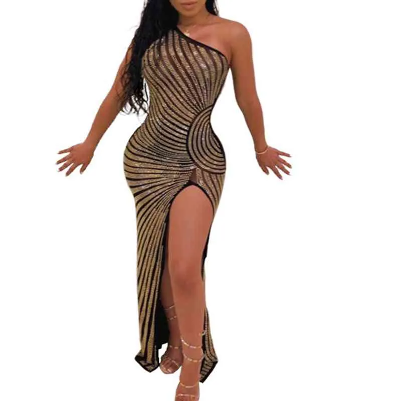Kvinnor firar händelse tunn en axel Sequined High Split Bodycon Long Party Dresses Package Hip Night Out Elastic XL 210416