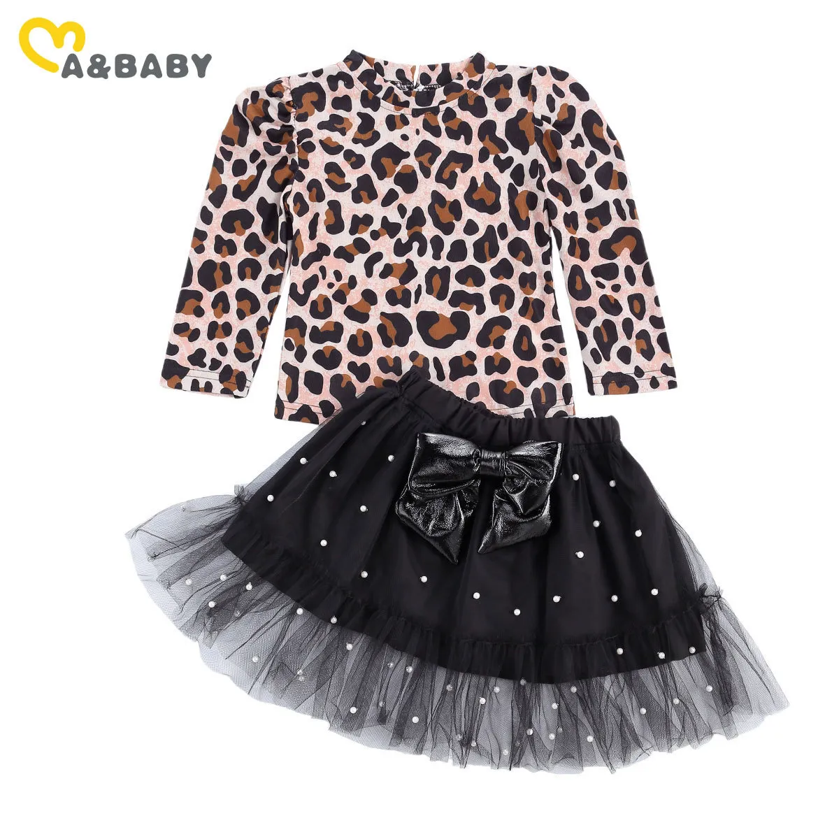 Conjunto de ropa para niñas pequeñas de 1 a 6 años, Tops de leopardo con encaje de perlas y volantes, faldas con lazo, trajes, ropa de otoño para niños 210515