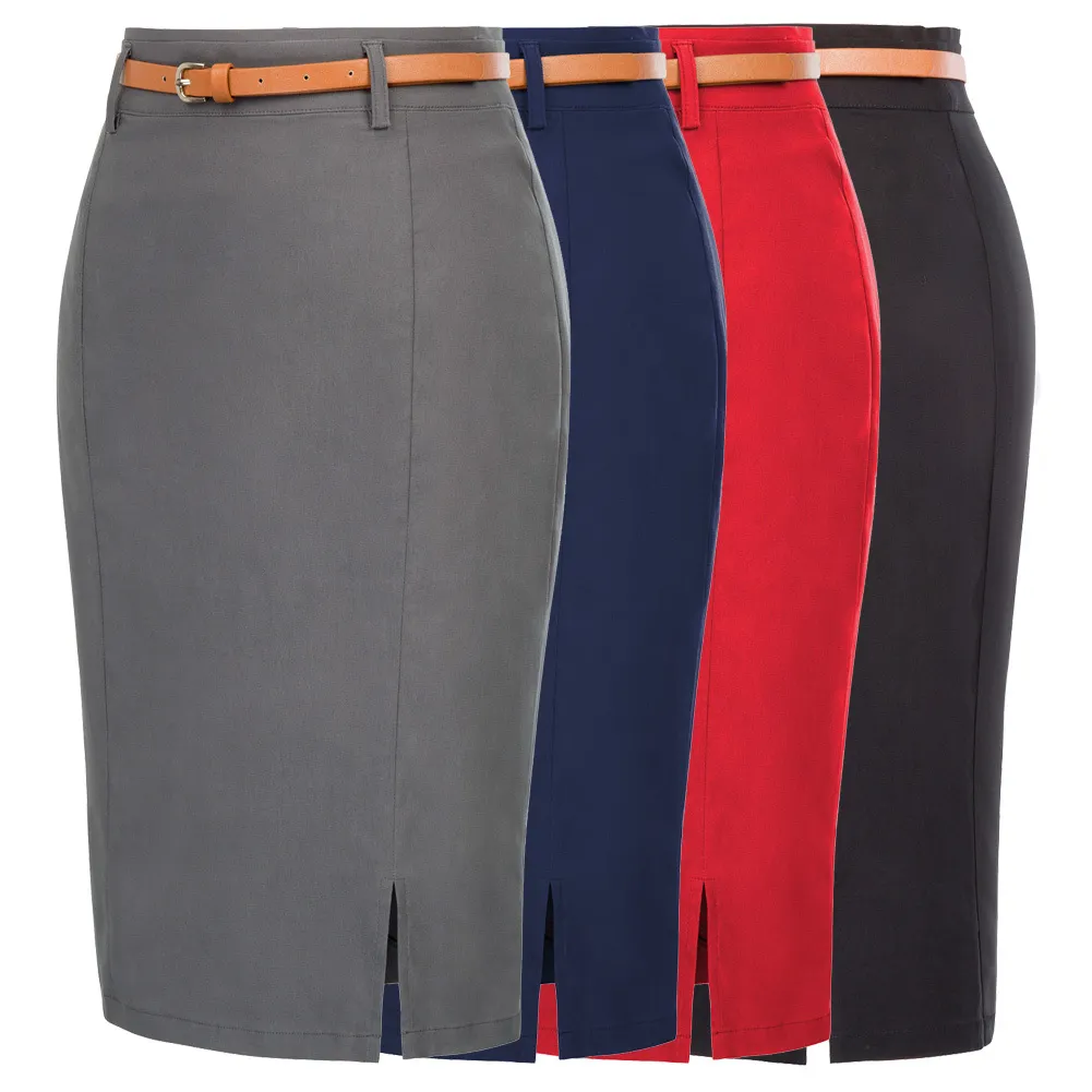 Vêtements de travail jupes crayon femmes couleur unie fendu ceinture ceintures décor hanche wrap moulante jupe sexy élégant bureau jupes X0428