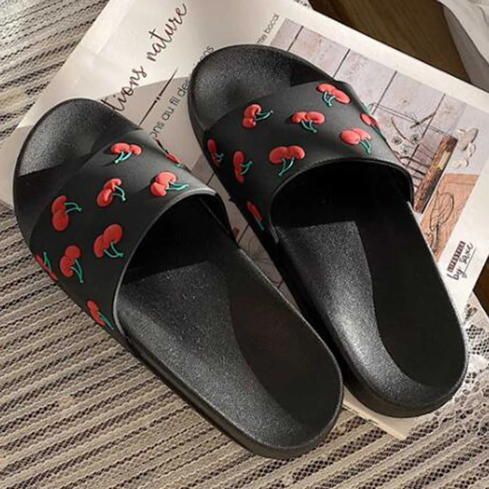 Summer Slide Slippers Cartoon Cherry Thick Bottom Beach Casual Non-Slip Bathroom Sandals Girl Shoes Zapatillas Mujer qq91 210625