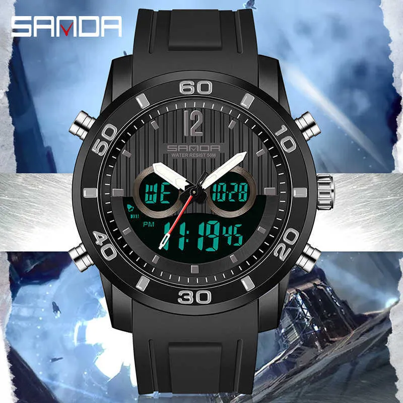 Sanda New Fashion電子石英防水ストップウォッチクロック2時間LEDディスプレイデジタル発光メンズウォッチレリーオマスキュリノG1022