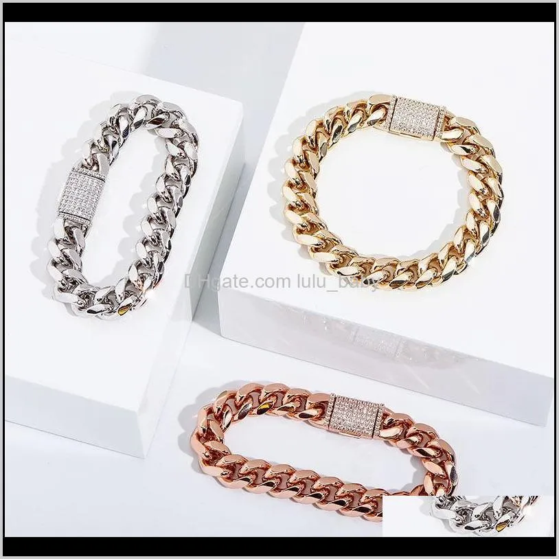 luxury bling zircon jewelry box buckle fashion 18k gold rhodium plated mens hip hop cuban chain bracelets
