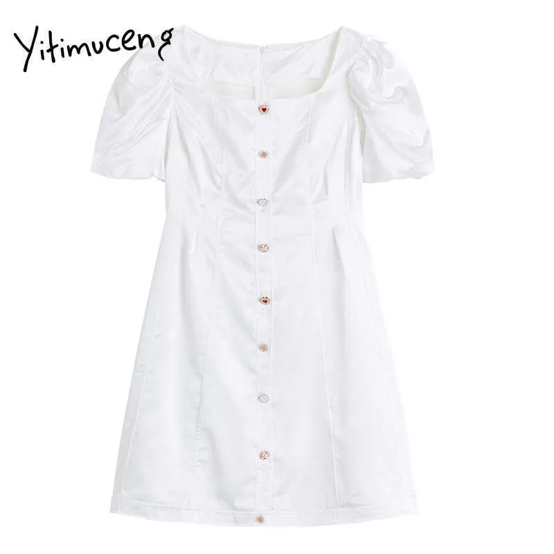 Yitimuceng Robes blanches pour femmes Bouton d'été Taille haute Manches bouffantes A-ligne Solide Mode coréenne Robe élégante 210601