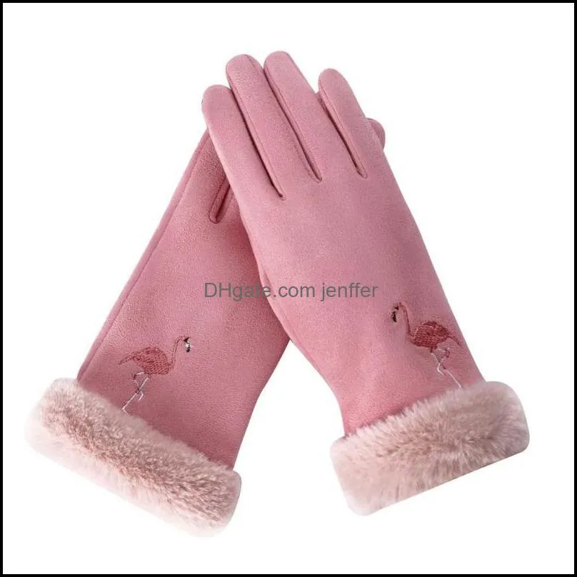 Fingerless Gloves MISS M Women`s Winter Outdoor Flamingo Pattern Touch Screen Warm Casual Fashionable Suede Fabric Lady Pink1