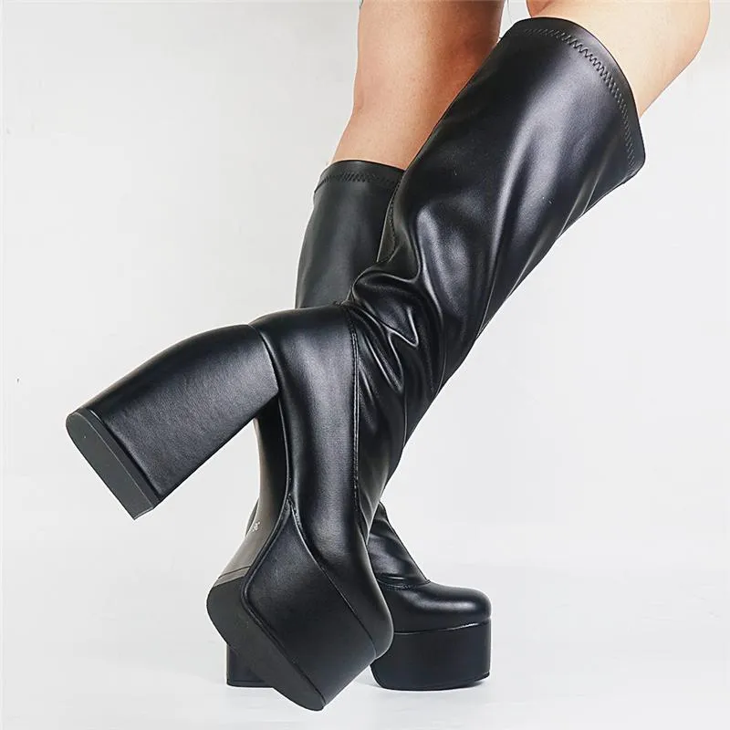 Boots Punk Style Women Chunky Elastic PU Leather Ladies Thick High Heels Platform Shoes Female Long Sexy Goth