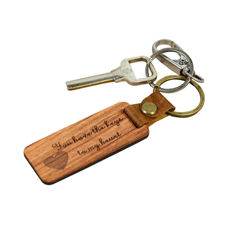 Christmas Gift-Keychain Charms Straps Wooden Leather Laser Engraved Keychains Metal keyring Wood Blank key Chain