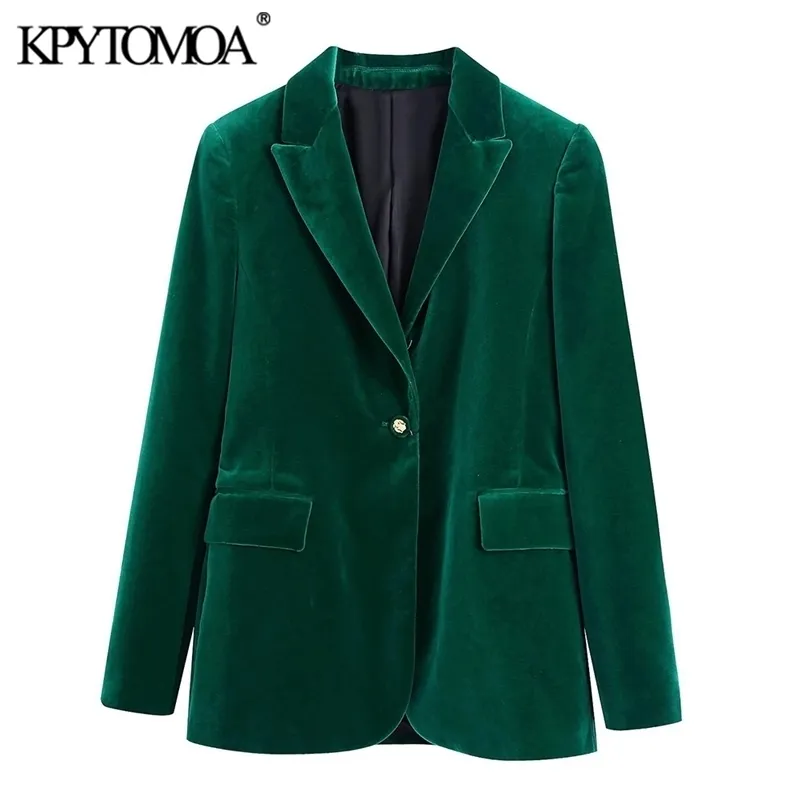 KPYTOMOA Donna Moda Bottone in metallo Giacca in velluto verde Cappotto Vintage Tasche con patta a maniche lunghe Capispalla femminile Chic Veste 211122