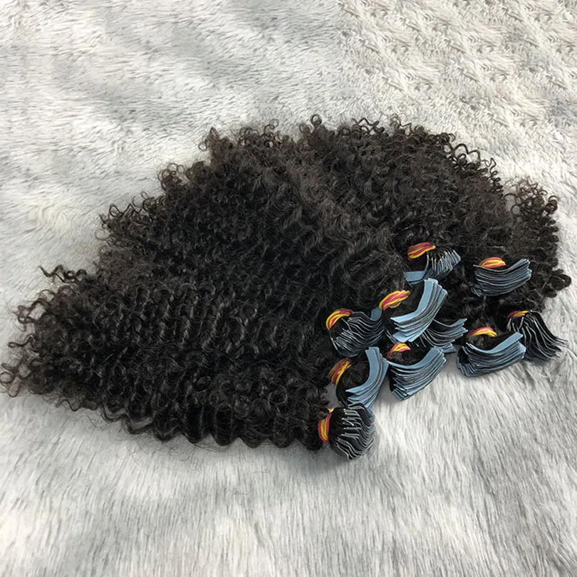 Kinky Curly Tape In Hair Extensions Natural Color Peruvian Human Hairs 40pcs For Women No Tangle