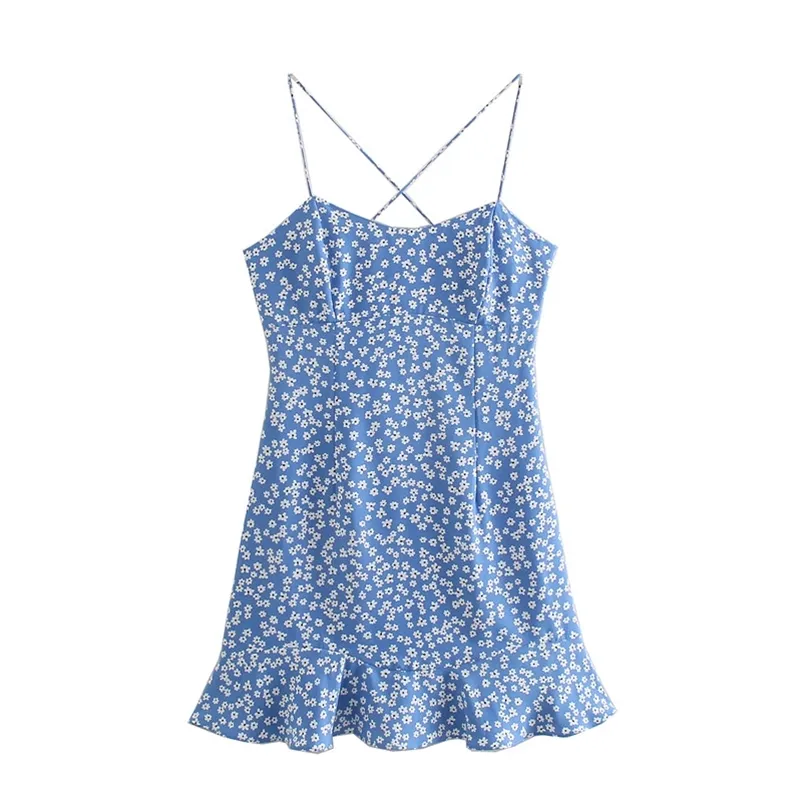 Süße Frauen Quadrat Kragen Kleid Sommer Mode Damen Strand Stil Niedliche Weibliche Blau Gedruckt A-linie Mini 210515
