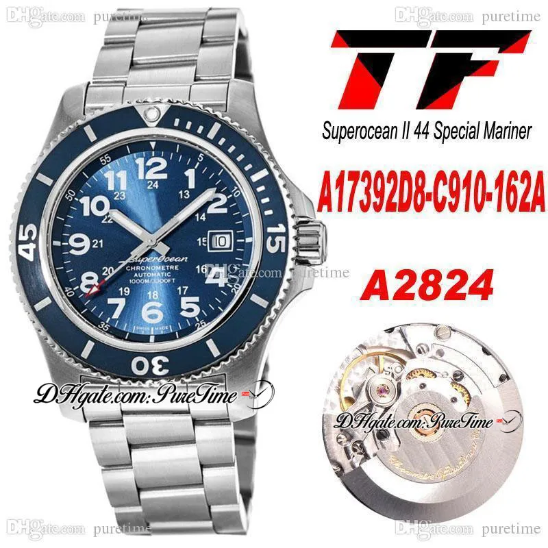 TF SURPEROCEAN II 44 Специальный Mariner ETA A2824 Автоматические мужские часы A17392D8-C910- 162A Черный циферблат номер из нержавеющей стали Браслет из нержавеющей стали Super Edition PureTime A01A1