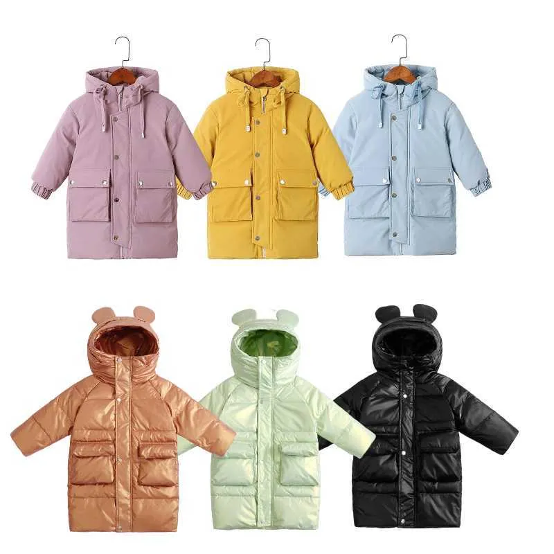 Теплые пальто зимняя одежда длинная куртка дети корейский толстый куртка с капюшоном ребенка мальчики девочек истекает зимняя куртка детская парка H0909