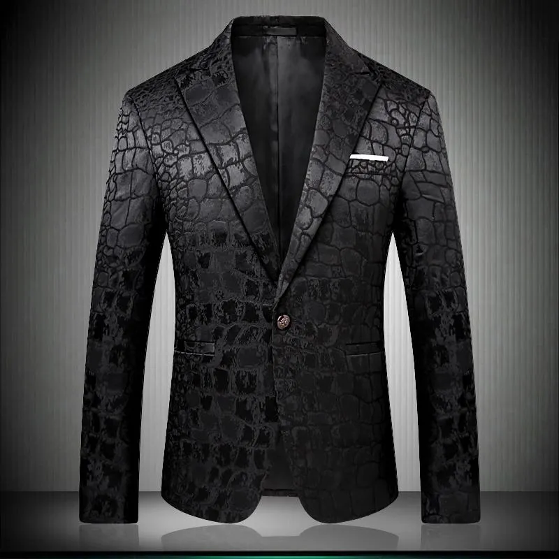 Traje de boda con patrón de cocodrilo para hombre, chaqueta Blazer negra, trajes elegantes ajustados, ropa de escenario para cantante, Blazers para hombre, diseños 9006 S2798