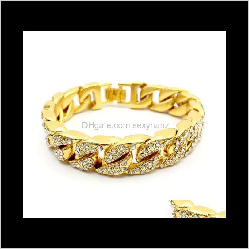 mens womens chain hiphop iced out curb cuban link white gold plated bracelet with clear charm rhinestones diamond bangle