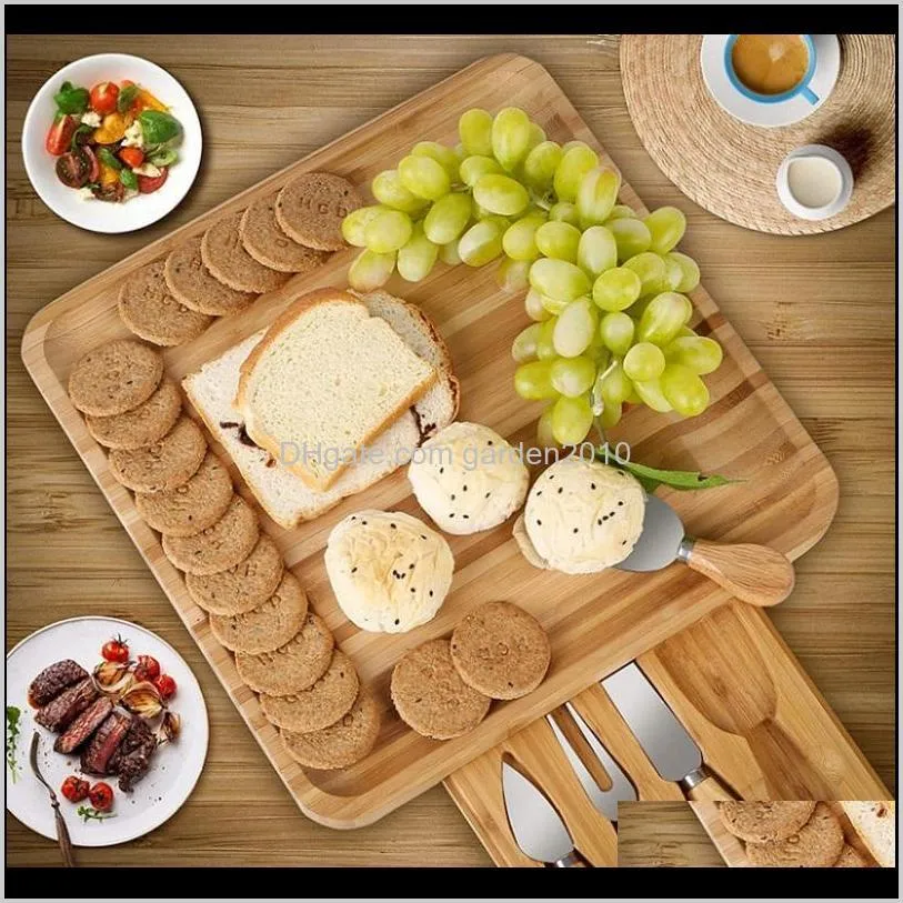 bamboo cheese board set with cutlery in slide-out drawer including 4 stainless steel knife and serving utensils wb3310