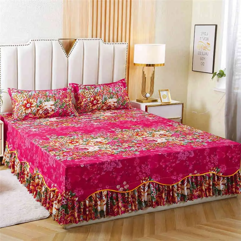 Bedding Set High Quality Bed Skirt + 2pcs Pillowcase Retro Fashion Jacquard Europe Art Bedspread Bed Sheets Double King F0491 210420