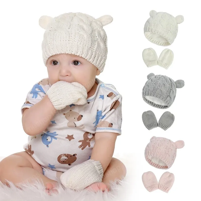 Moda neonato in cotone lavorato a maglia con orecchie di orso cappello e guanto caldo invernale set bambina cappelli tinta unita regali di compleanno per bambini