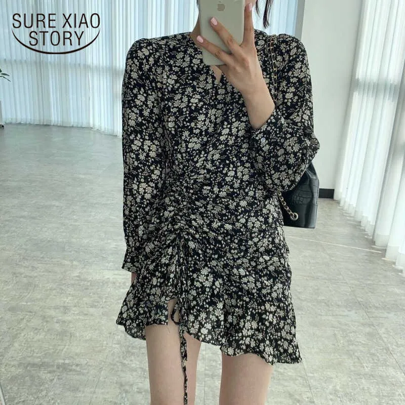 Spring Vintage Dress Women Floral Print Dress Chic Drawstring Dresses V-neck Long Sleeve Mimi Dresses Black Beige 13571 210528