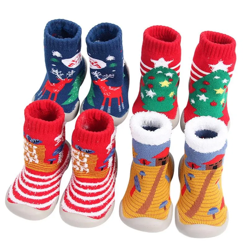 Socken Weihnachtskinder Indoor Jungen Mädchen Weiche Gummi Sohle Kleinkind Schuhe Baby Wanderwinter verdicken No-Slip-Boden