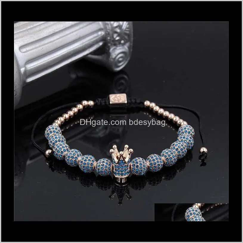 2019 fashion men micro pave cz cubic zircon jewelry charm of the crown and 8mm full zircon beads braided bracelet female pulseira