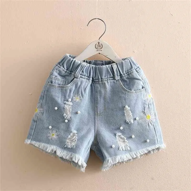 Summer Fashion 3 4 6 8 10 12 Years Children Clothes Embroidery Flower Kids Hole Denim Shorts For Girls 210701