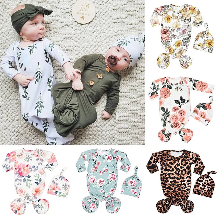 Nyfödd sovsäck blomma grönt blad leopard utskrift baby barn swaddle hatt spädbarn toddler mjuk klänning m3894