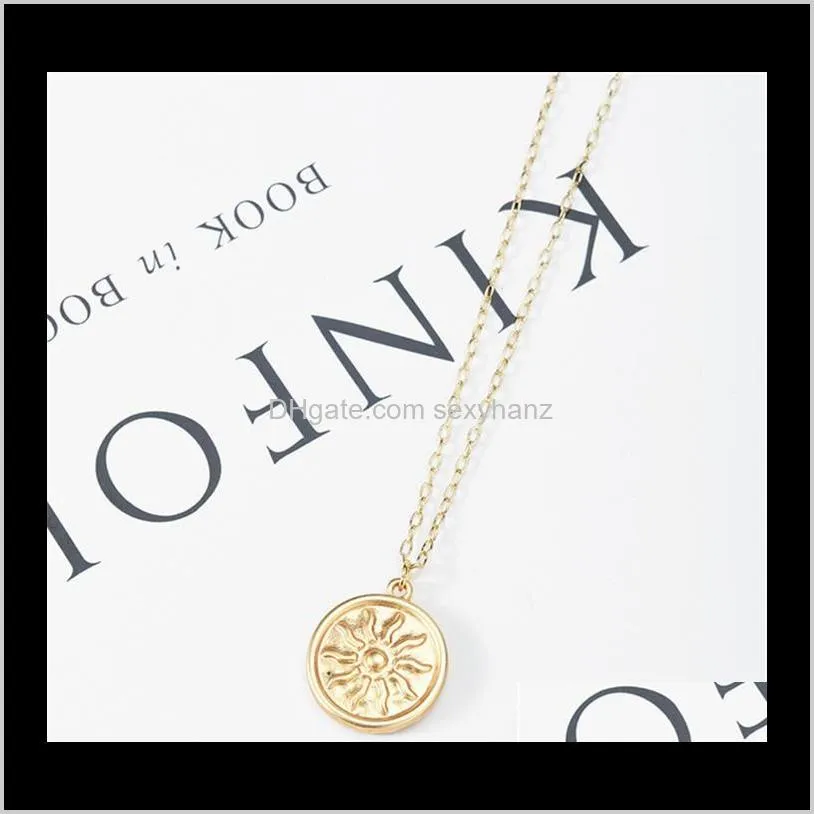 gold sun pendant necklace for women vintage bohemian big round coin charm necklaces fashion jewelry wholesale t323