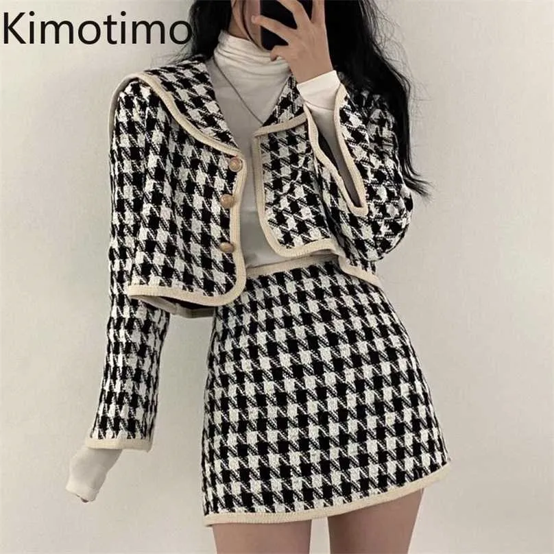 Kimotimo Kvinnor Plaid Tweed Set Korean Ins Vintage Sailor Collar Långärmad Crop Coat + High Waist Mini Skirt Två Piece Sets 211106