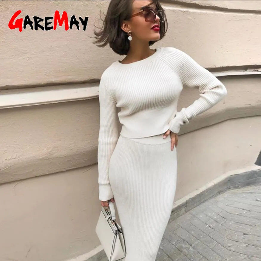 Knitting Pullover And Skirt Two Piece Set Women Slim Fit Cropped Tops Autumn Elegant Sweater Skirts 2 Sets 210428