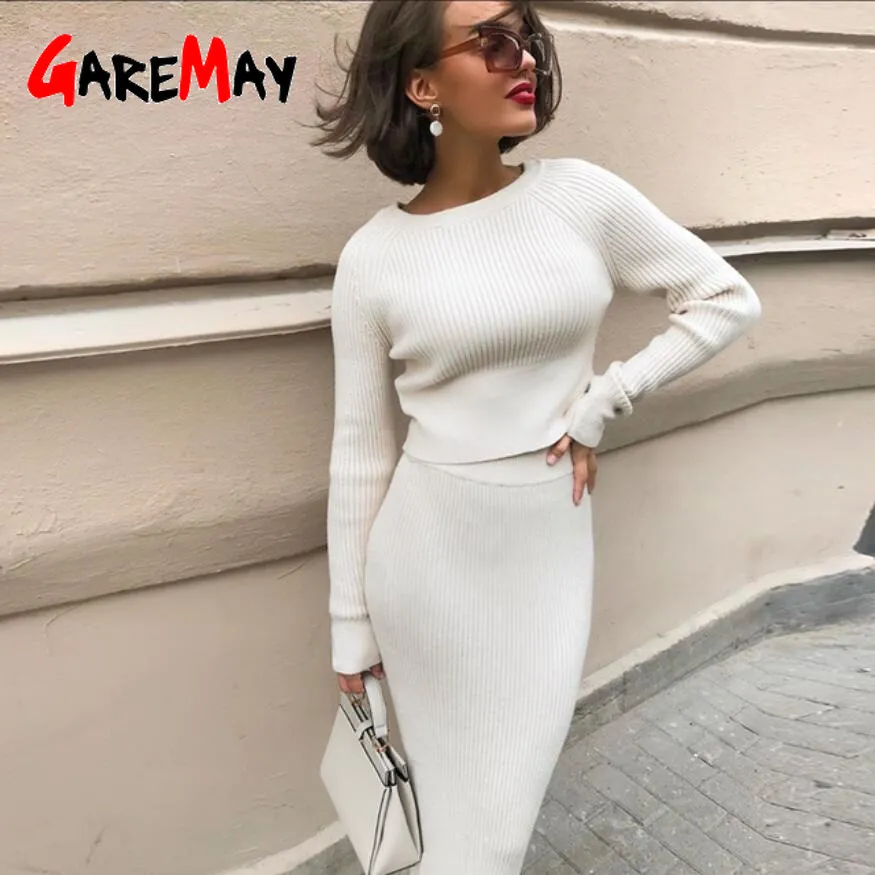 Knitting Pullover i spódnica Dwuczęściowy zestaw Kobiety Slim Fit Cropped Tops Jesień Elegancki Sweter Spódnice 2 Zestawy 210428