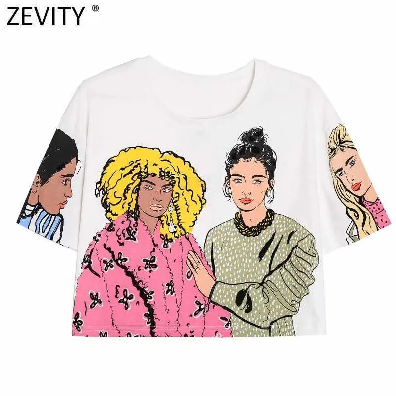 Zevity 여성 기본 O 넥 캐주얼 느슨한 짧은 티셔츠 여성 현대적인 아름다움 인쇄 세련 된 자르기 여름 탑 T691 210603