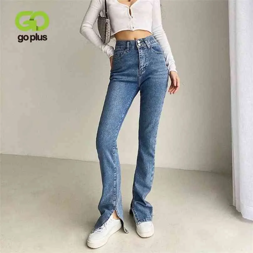 Goplus Jeansの女性ハイウエストストリートウェアライトブルーデニムズボンヴィンテージスプリットフレアパンツ女性韓国パンタロンフェムメ210922