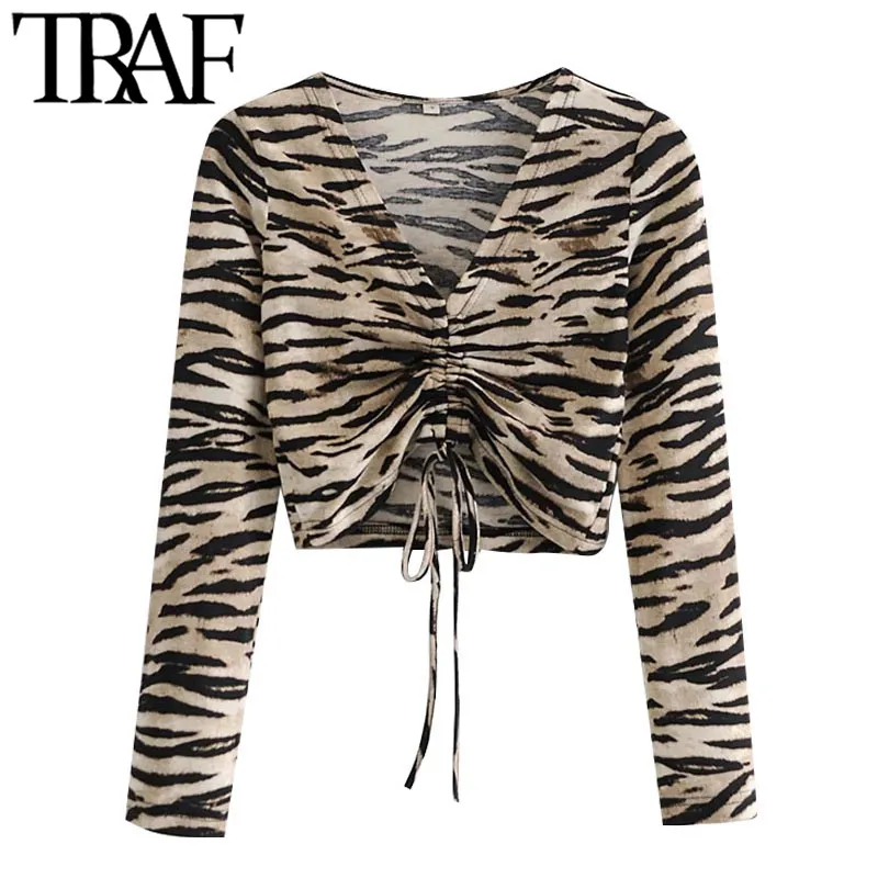 TRAF Women Fashion With Drawstring Animal Print Cropped Blouses Vintage V Neck Long Sleeve Female Shirts Chic Tops 210415