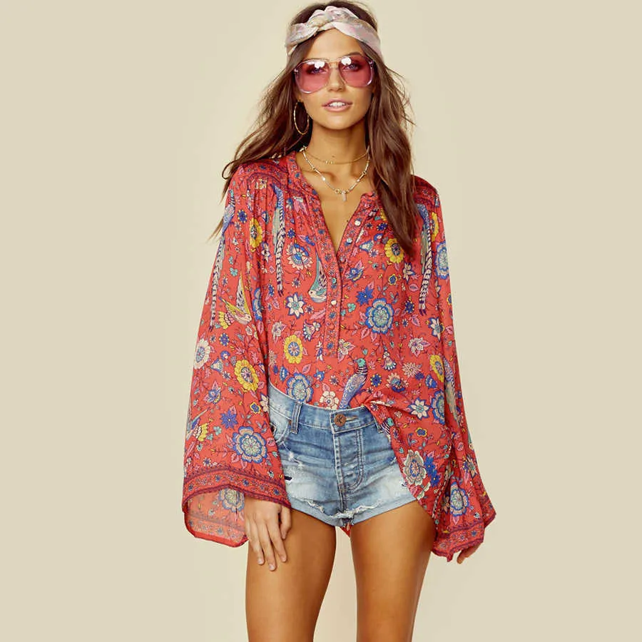 Teelynn Red Boho Blouse With Birds And Floral Print, Vinatge O Neck ...