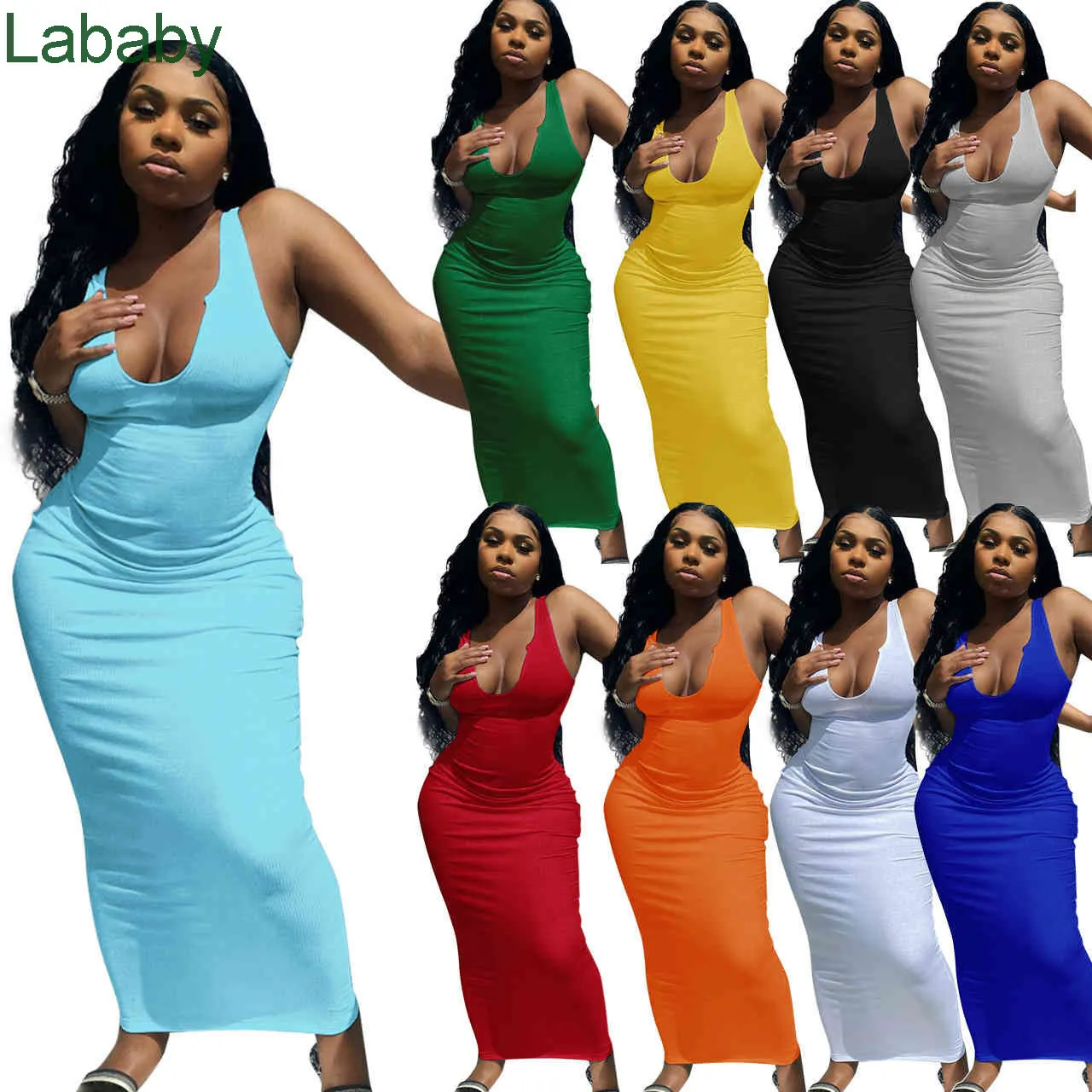 Sexy Mouwloze vrouwen Lange Maxi Jurk Designer Zomer Effen Kleur Skinny Stretchy Bodycon Potlood Jurken Clubwear Plus Size