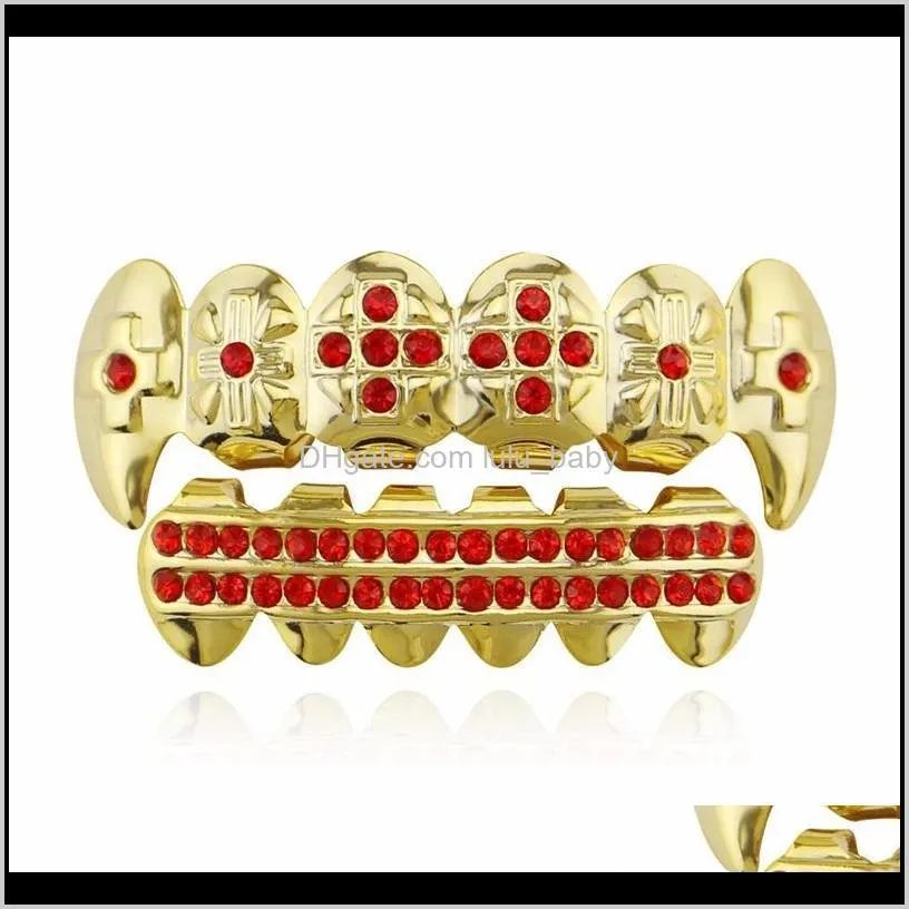 Grills 18 Karat Echtgold Punk Hiphop Mehrfarbig Cz Zirkon Vampirzähne Fang Grillz Diamant Zahnspangen Zahnkappe Rapper Schmuck Für Cosplay 647 L