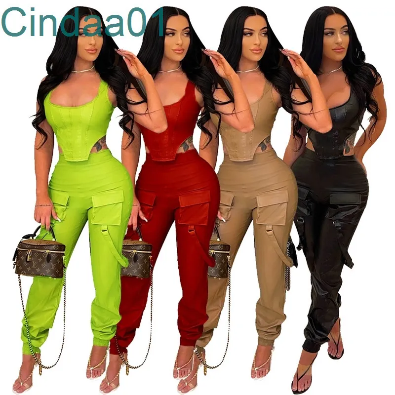 Women Two Piece Pant Set Designer Zipper Slim Sexy Sleeveless Vest And Trousers With Pocket High Elasticity Spring PU Leather Suit 4 Colours