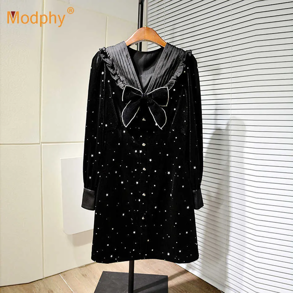 Inverno sexy v-pescoço de manga comprida bowknot diamante preto veludo mini uma linha vestido celebridade clube festa vestido 210527