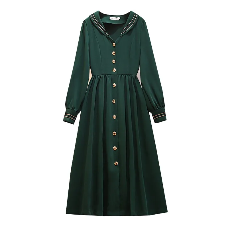 Женщины элегантный зеленый платок воротник с длинным рукавом на колене платье винтажная кнопка твердый D2200 210514