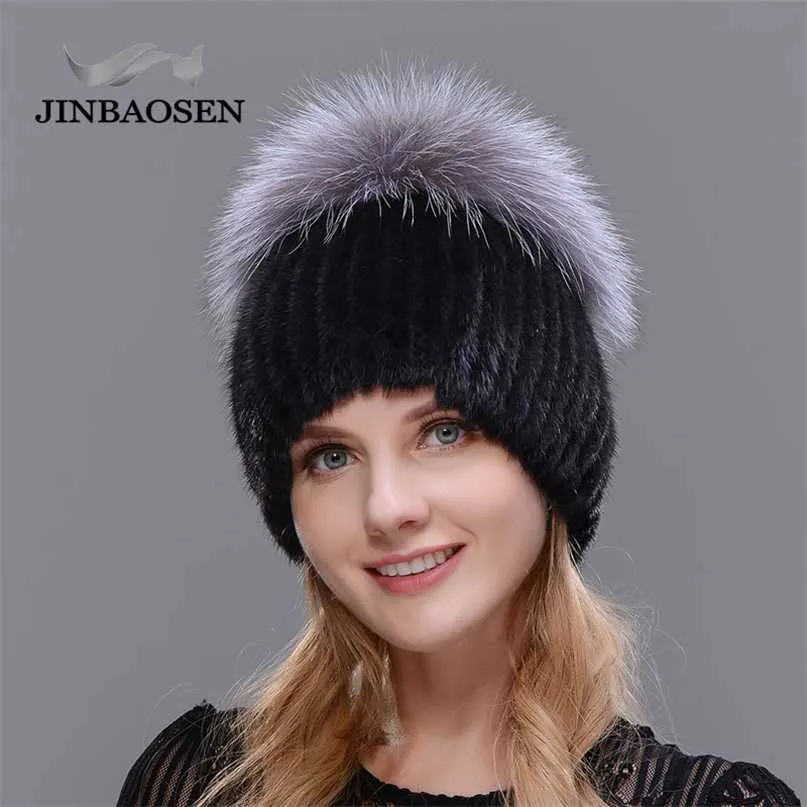 Jinbaosenの販売のファッション冬の暖かい女性ニットキャップミンクの帽子が付いている毛皮の垂直織りトップ211126