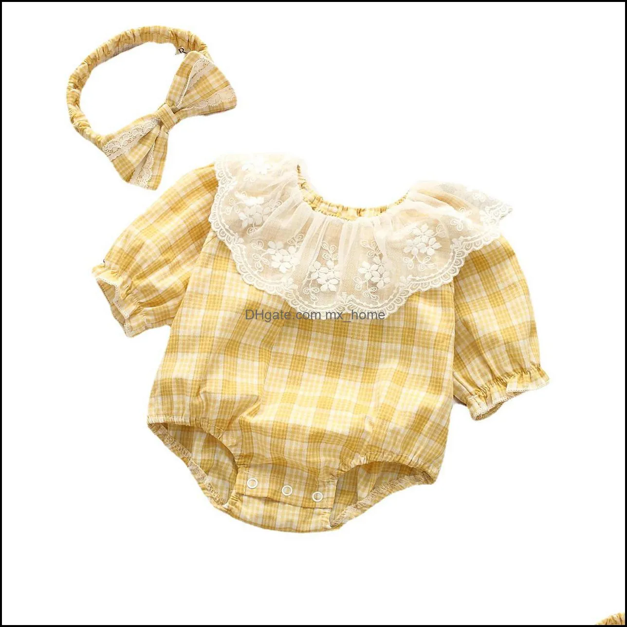 kids Rompers girls Plaid lace romper infant toddler mesh lattice Jumpsuits with Headband Spring Autumn fashion Boutique baby Climbing clothes