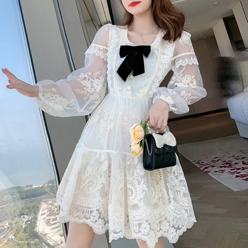 Retro doce laço bordado manga comprida vestido curto mulher elegante branco francês bowknot casual magro mini vestidos 210518