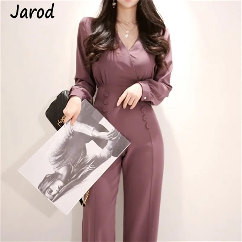 Jumpsuit Women V-Neck Spring Office Work Wear Kvinna Lång Elegant S Rompers 210519