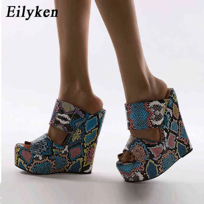 Slippers Eilyken New Wholesale Green Serpentine Wedges High Heels Leisure Summer Sandal Women Shoes Woman Platform Mules220308