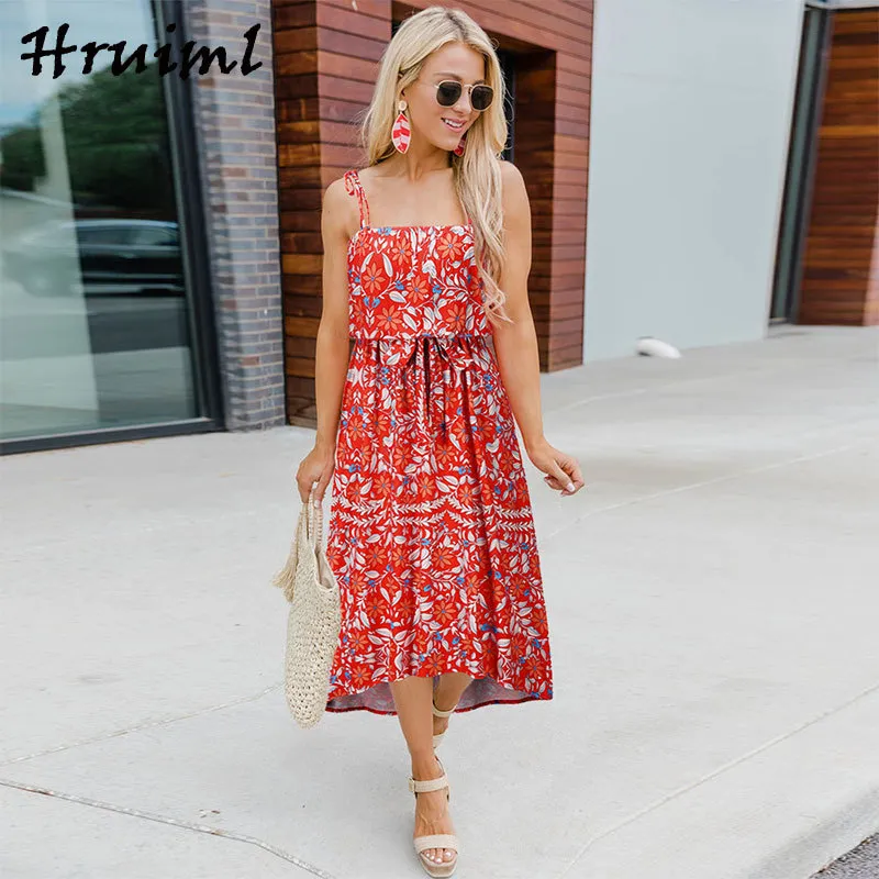 Women's Floral Print Off-Shoulder Beach Sling Midi Dress Women's Floral Print Off-Shoulder Beach Sling Midi Dress